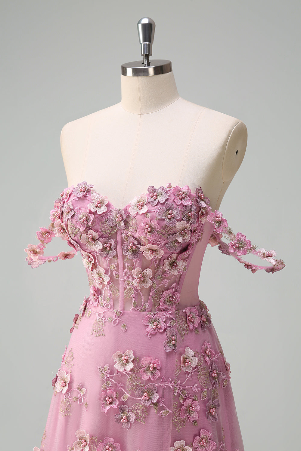 Line Off The Shoulder Corset Slit Long Prom Dress With 3D Flowers Taro Off-Shoulder Corset Gown