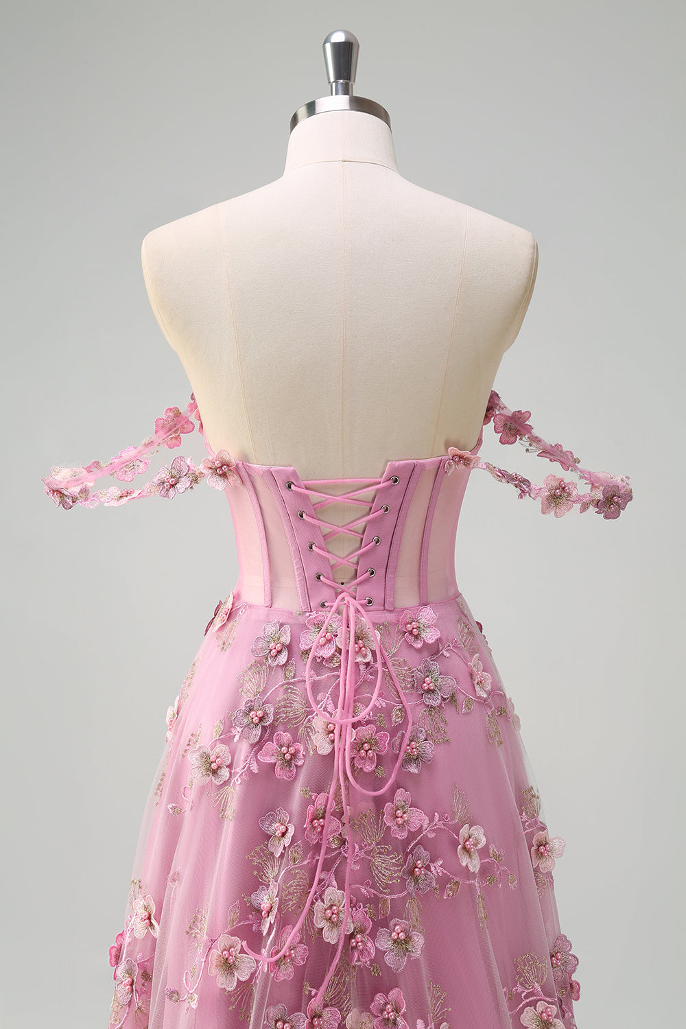 Line Off The Shoulder Corset Slit Long Prom Dress With 3D Flowers Taro Off-Shoulder Corset Gown
