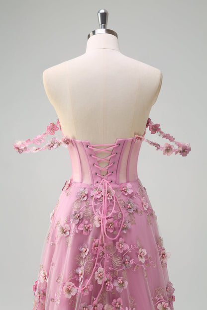 Line Off The Shoulder Corset Slit Long Prom Dress With 3D Flowers Taro Off-Shoulder Corset Gown