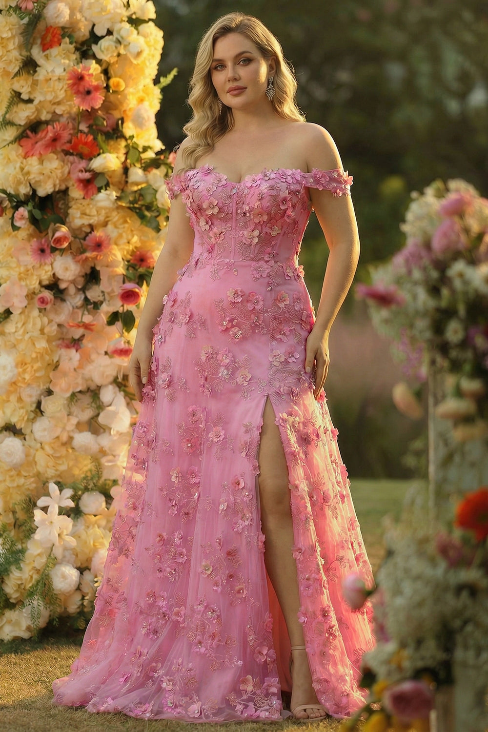 Line Off The Shoulder Corset Slit Long Prom Dress With 3D Flowers Taro Off-Shoulder Corset Gown