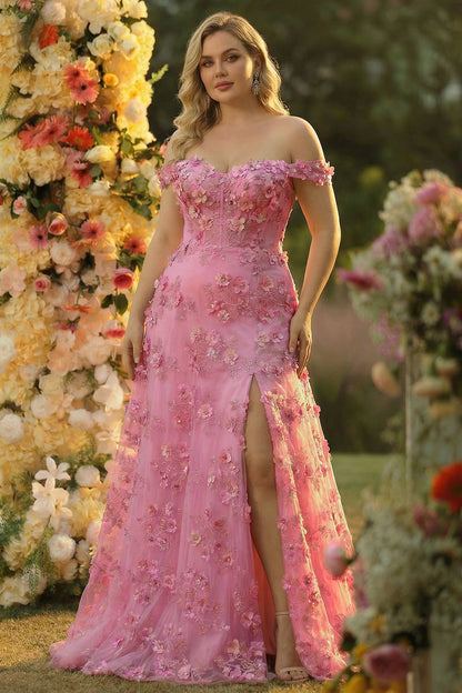 Line Off The Shoulder Corset Slit Long Prom Dress With 3D Flowers Taro Off-Shoulder Corset Gown