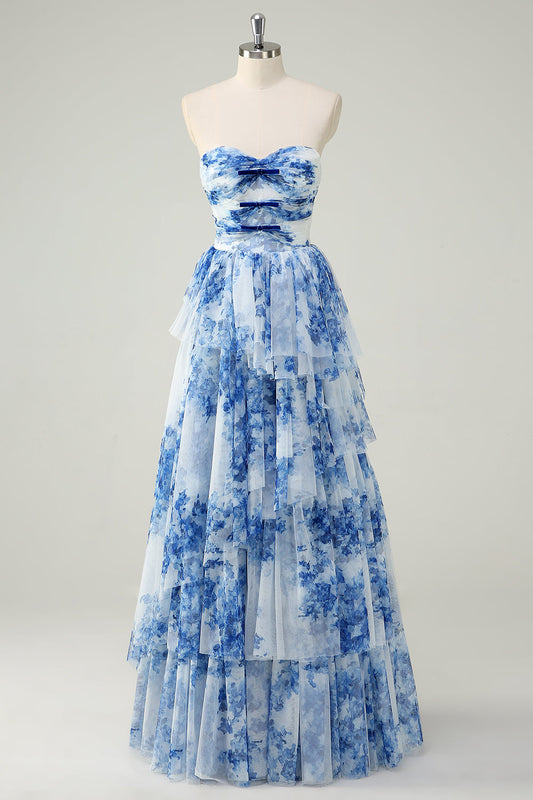 White Blue Flower Celeste Floral Tiered Strapless Gown