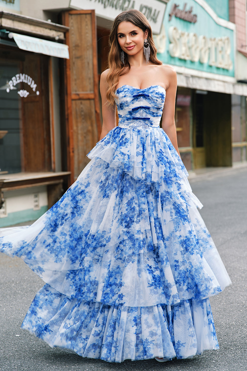 White Blue Flower Celeste Floral Tiered Strapless Gown