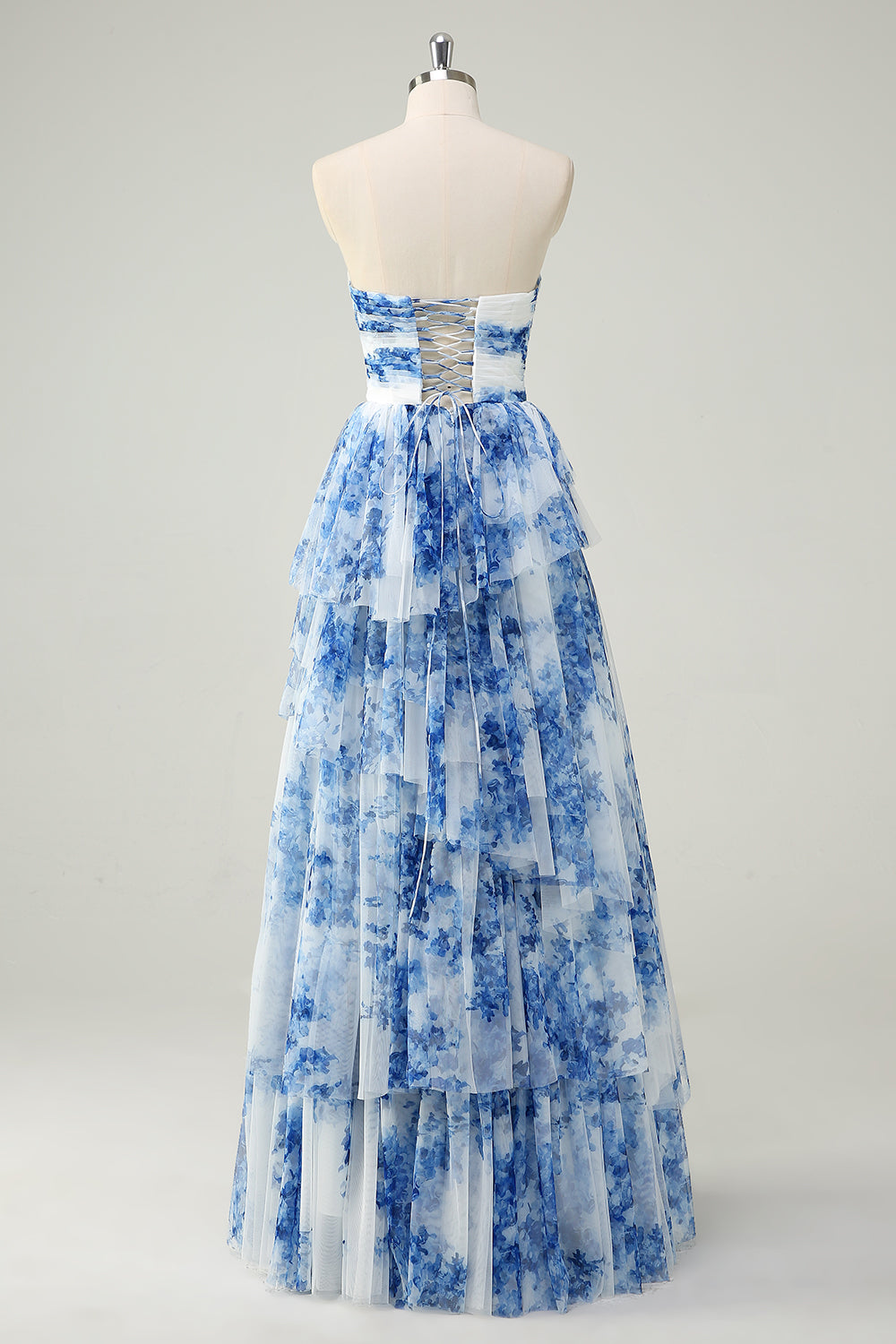 White Blue Flower Celeste Floral Tiered Strapless Gown