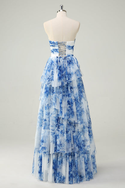 White Blue Flower Celeste Floral Tiered Strapless Gown