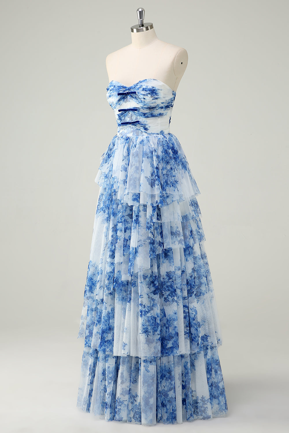 White Blue Flower Celeste Floral Tiered Strapless Gown