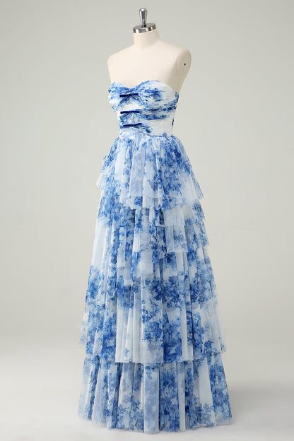 White Blue Flower Celeste Floral Tiered Strapless Gown