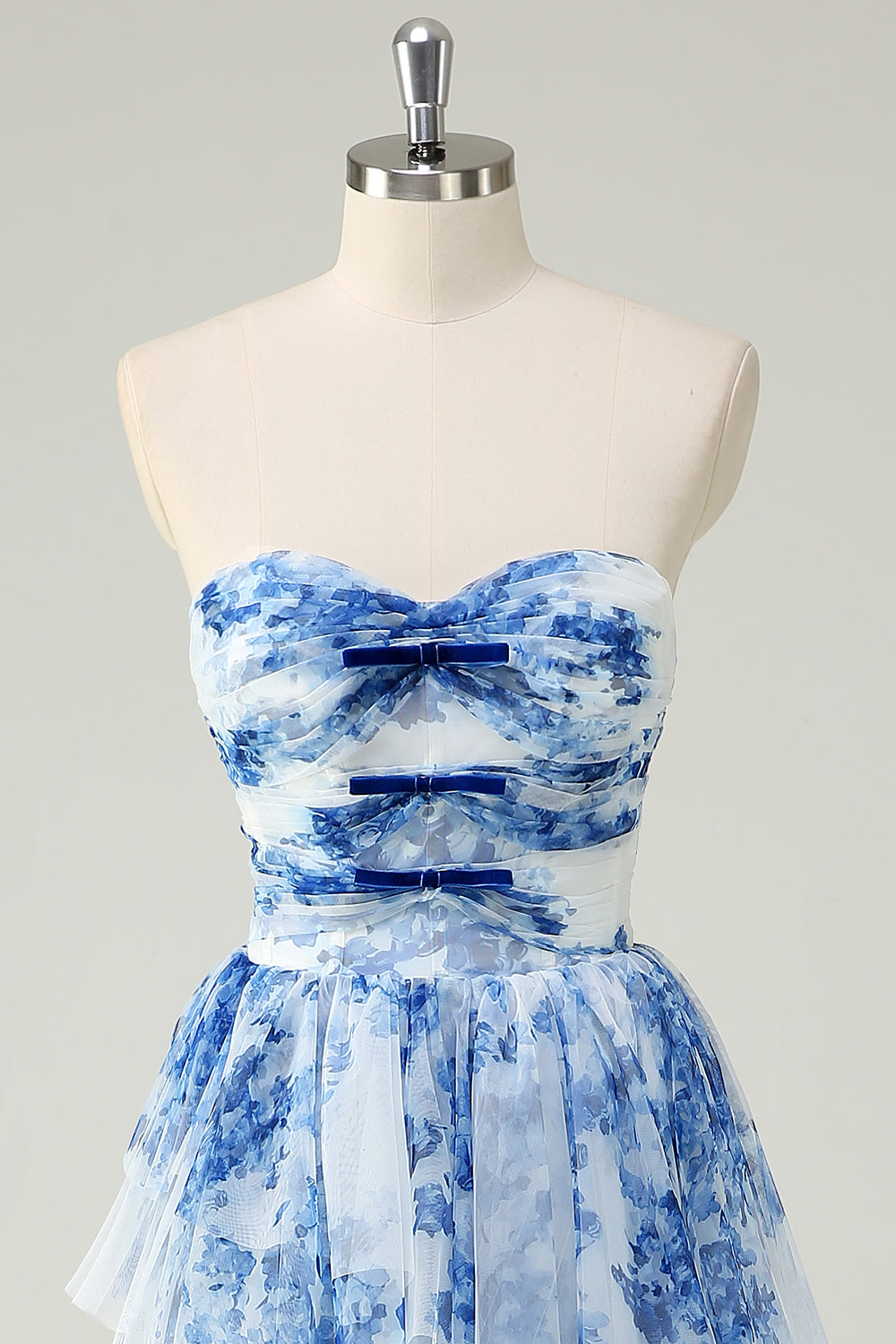 White Blue Flower Celeste Floral Tiered Strapless Gown