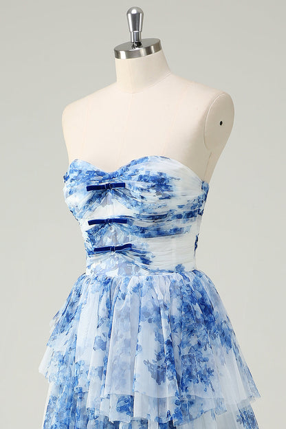 White Blue Flower Celeste Floral Tiered Strapless Gown