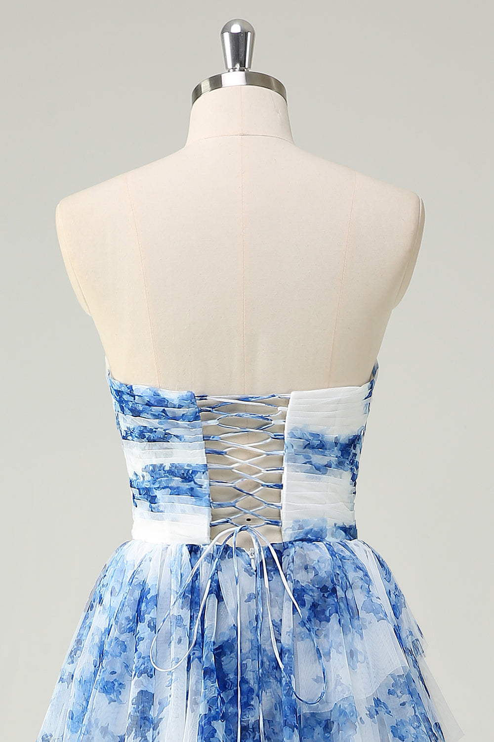White Blue Flower Celeste Floral Tiered Strapless Gown