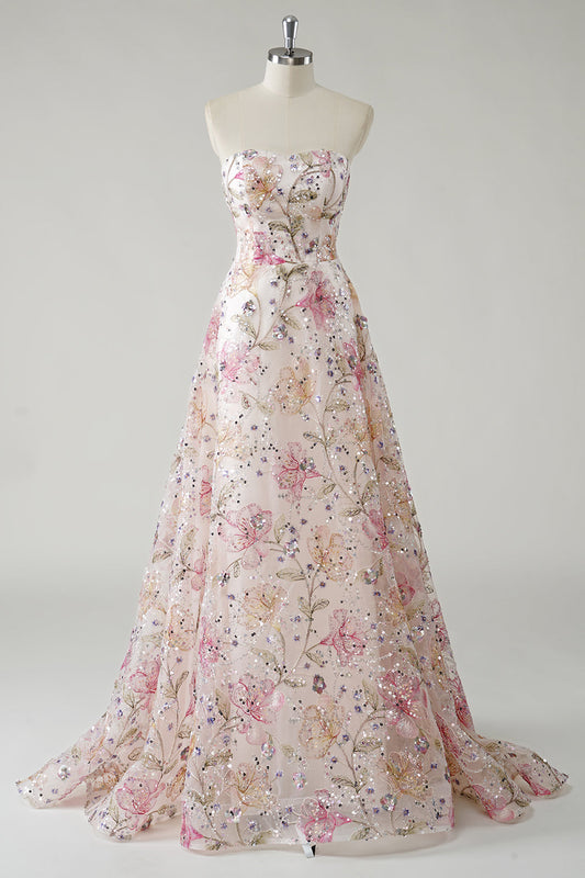 Line Strapless Sequin Floral Long Prom Dress Isabelle Sequin Floral A-Line Gown
