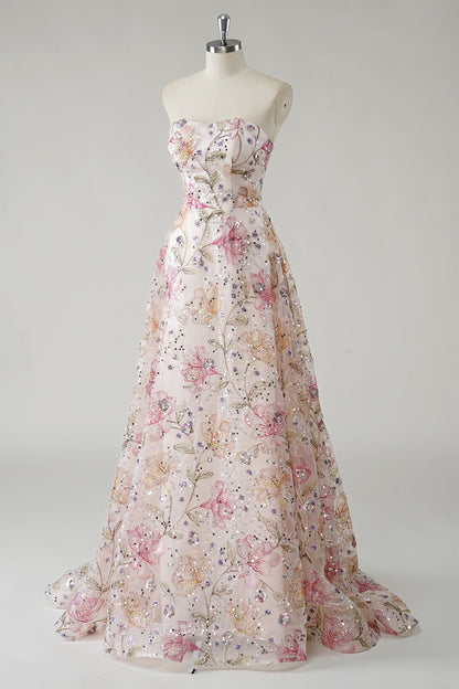 Line Strapless Sequin Floral Long Prom Dress Isabelle Sequin Floral A-Line Gown