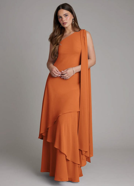 Arabella One-Shoulder Chiffon Floor-Length Dress in Cinnamon