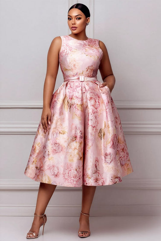 Xpluswear Design Plus Size Wedding Guest Elegant Pink Floral Round Neck Pocket Satin Midi Dresses [Pre-Order] Pink-2XL/1