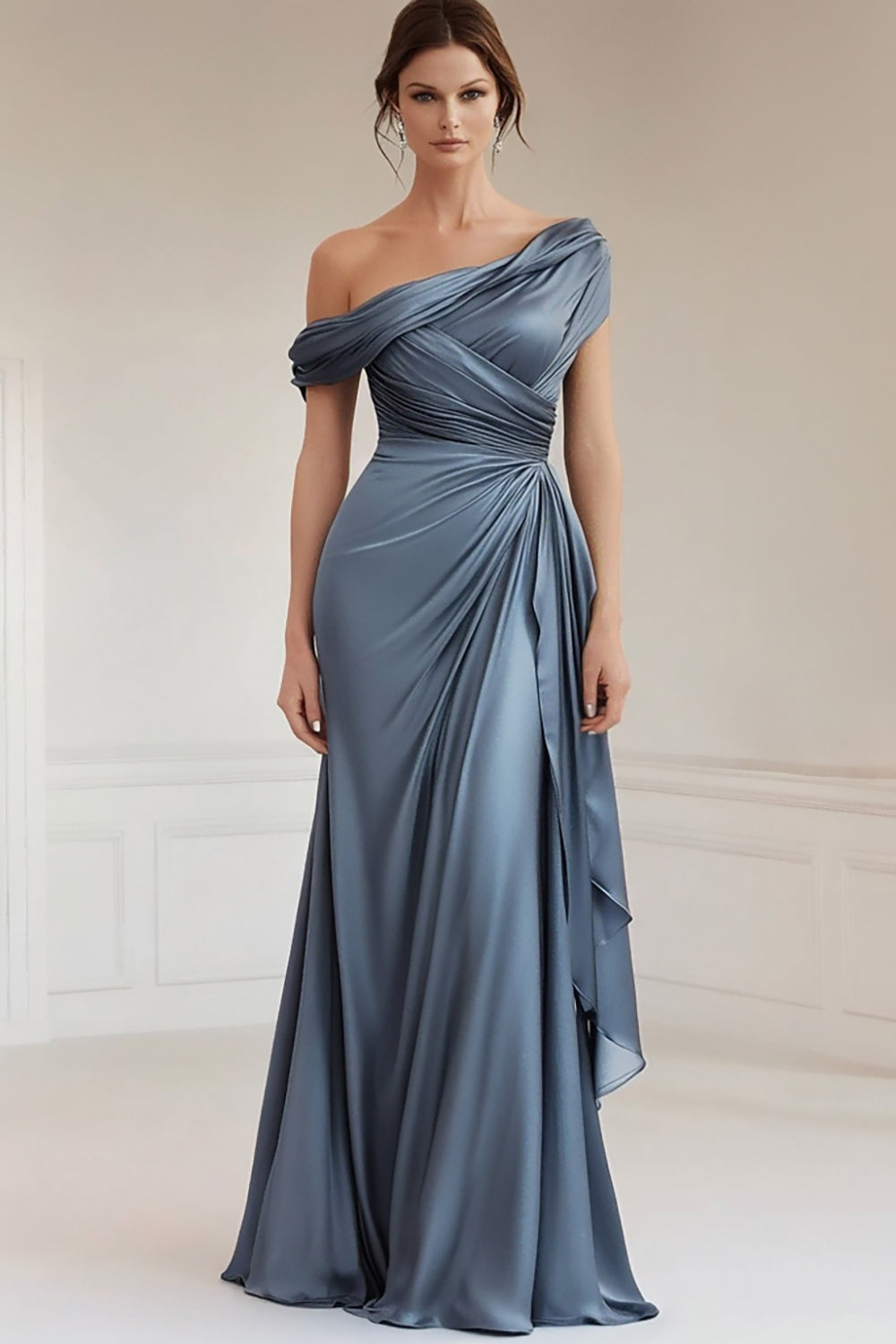 Navy Vivienne One-Shoulder Satin Mermaid Dress