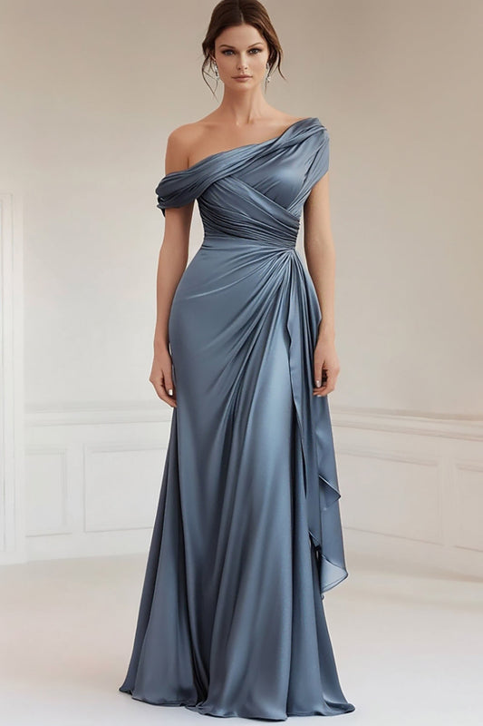 Grey Blue Vivienne One-Shoulder Satin Mermaid Dress