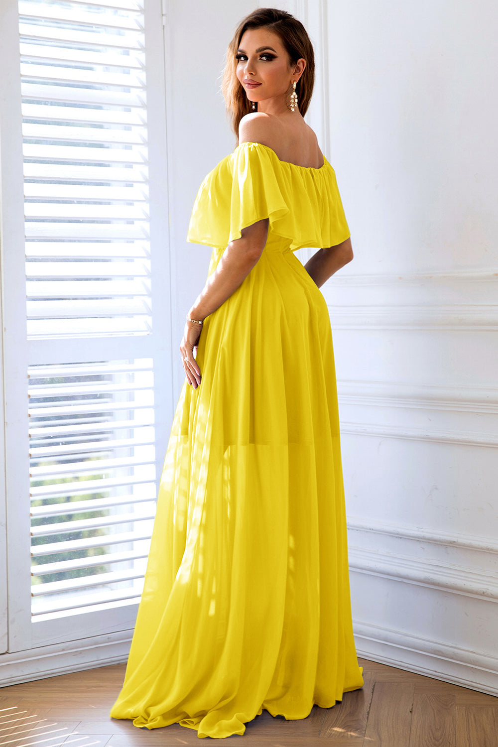 Linie schulterfreies Rüschen Langes Ballkleid mit Schlitz Margot Floral A-Line Maxi Dress in Yellow