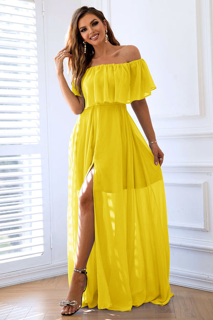 Linie schulterfreies Rüschen Langes Ballkleid mit Schlitz Margot Off-Shoulder Ruffle Midi Dress in Golden Yellow