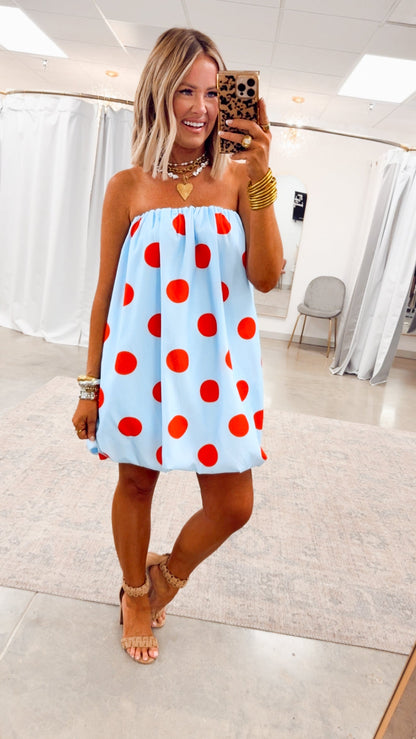 Blue/Red Margot Polka Dot Bubble Hem Dress