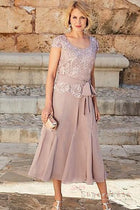 Scoop Lace Appliques Mother of the Bride Dress with Ribbon,1046