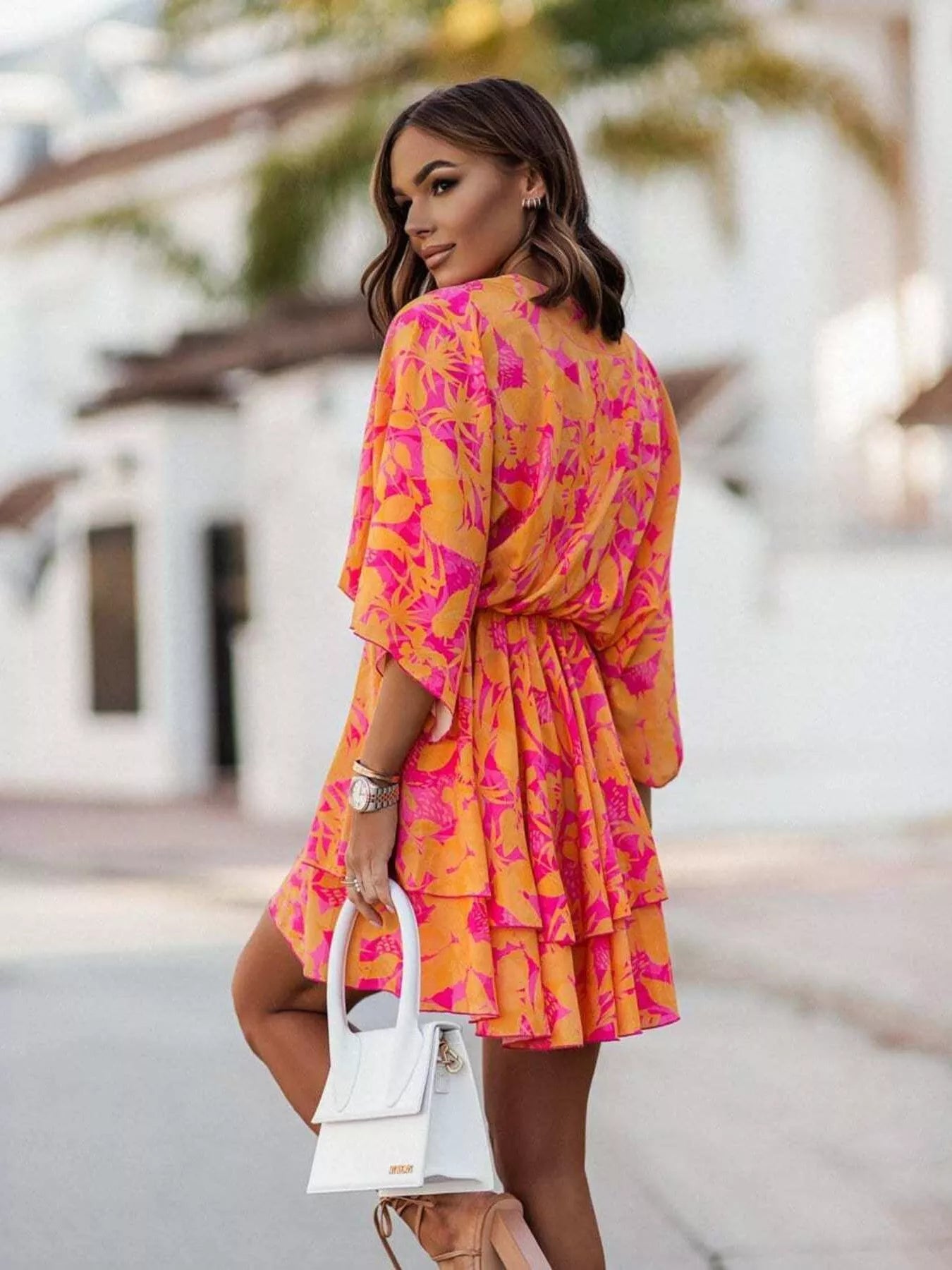 Hot Pink Layered Printed Surplice Mini Dress - Fuchsia Pink / 2XL