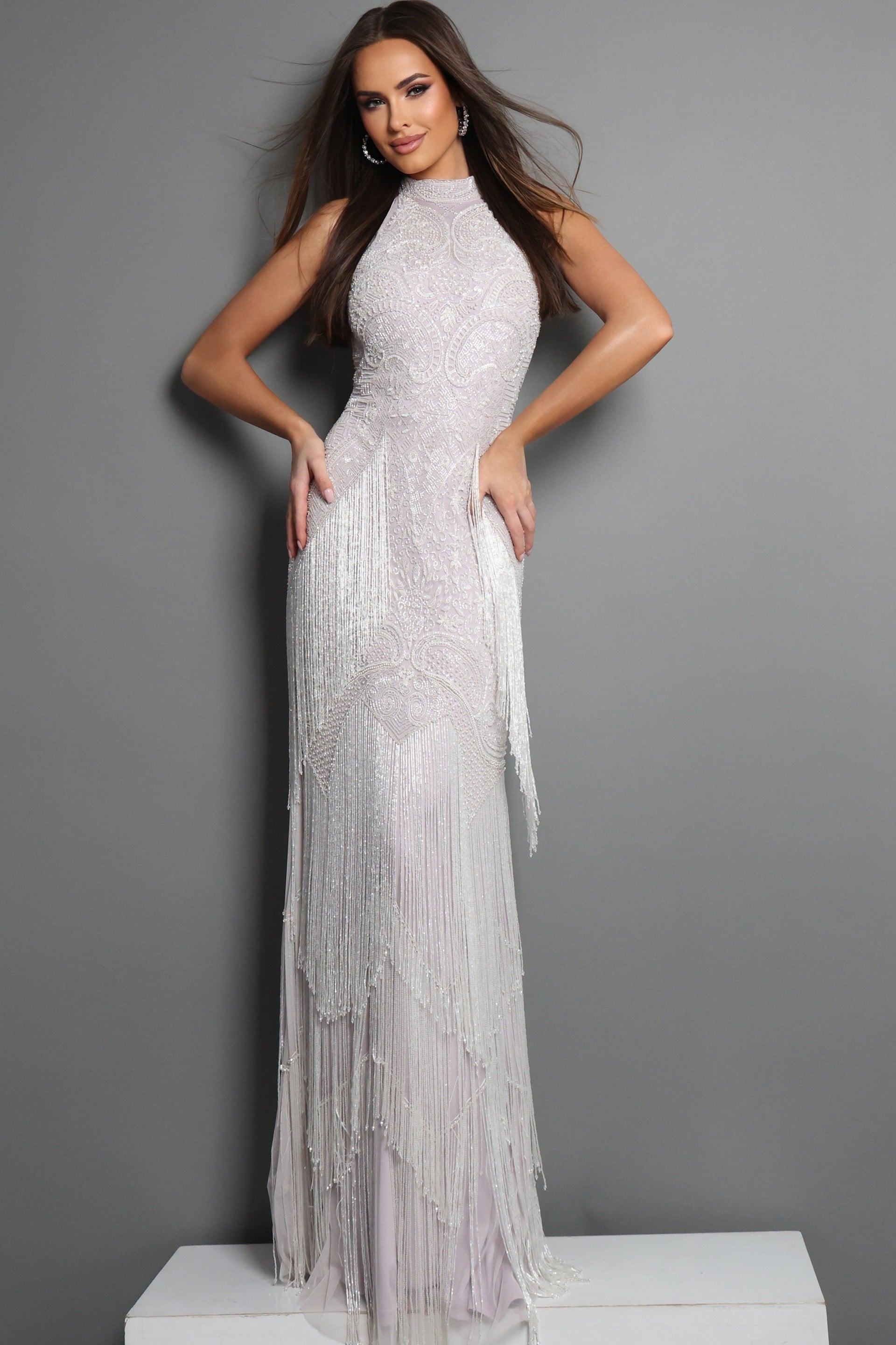 Length Lace Evening Sheath Jovani 44061 Portia Tiered Tulle Halter Gown
