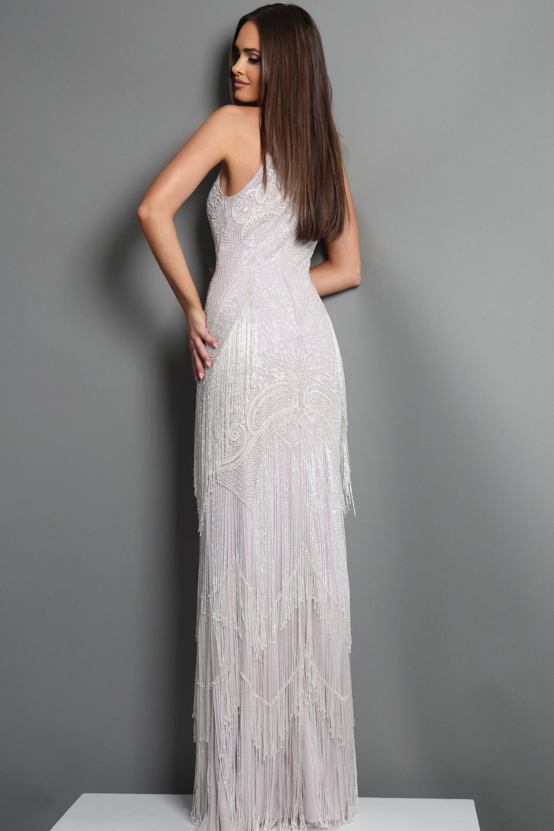 Length Lace Evening Sheath Jovani 44061 Portia Tiered Tulle Halter Gown