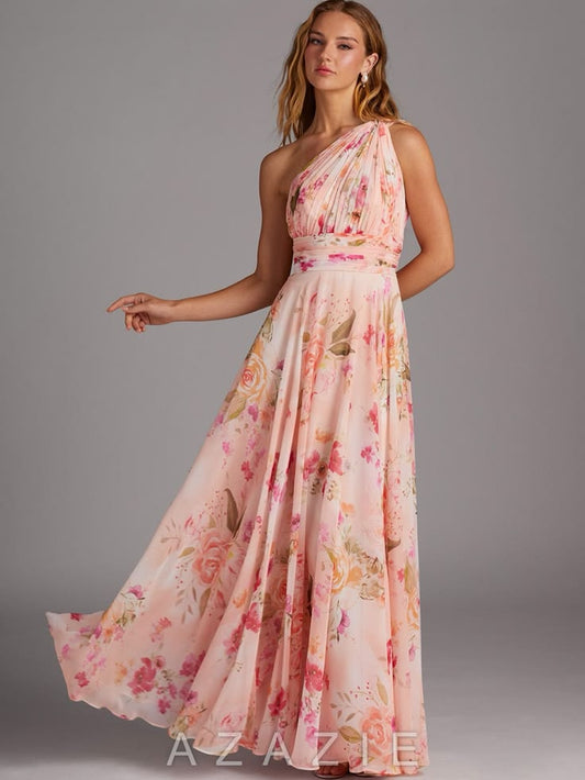 Arabella One-Shoulder Chiffon Dress in Blush Floral