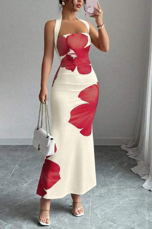 Floral Print Halter Neck Backless Slim-fit Maxi Dress