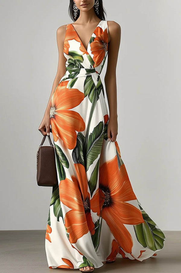 neck Sleeveless Fitted Waist Vacation Maxi Dress Valentina Floral Maxi Dress