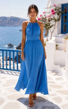 Women's Royal Blue Halter Chiffon Tea-Length Dress