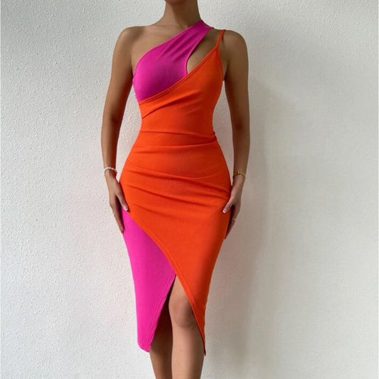 2 Tone One Shoulder Asymmetrical Bodycon Midi Ribbed Dress Orange Hot Pink | Color: Orange/Pink | Size: Various