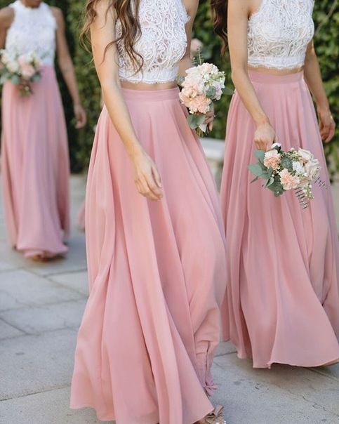Two Piece Long Bridesmaid Dresses Top with Lace