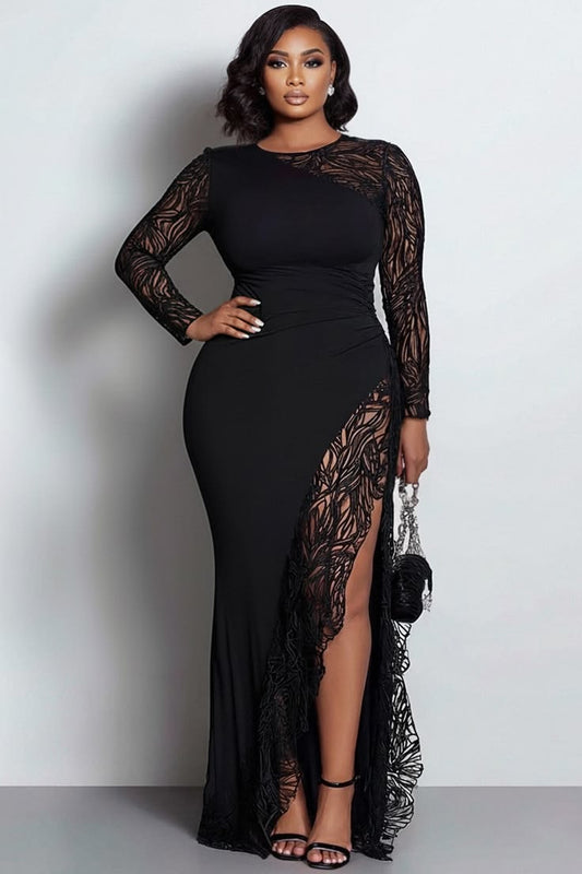 Xpluswear Design Plus Size Formal Black Round Neck Long Sleeve See Through Split Maxi Dresses [Pre-Order] Black-XL/14-16