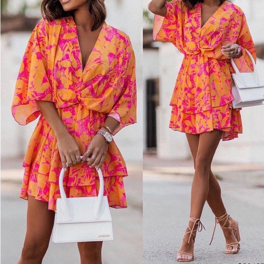 Floral Pink And Orange Wrap Dress | Color: Orange/Pink | Size: M