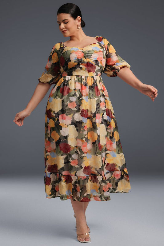 Curveins Plus Size Draped Collar Foral Maxi Dress
