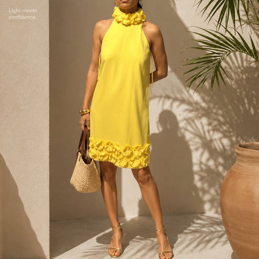 Alex Marie Dresses | Yellow Halter Dress With Floral Trim | Color: Yellow | Size: 2