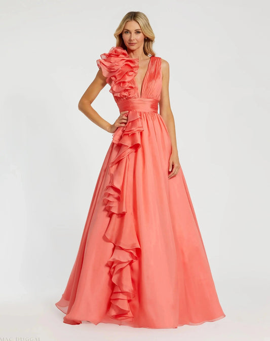 Black Margot Ruffle Shoulder Chiffon Gown