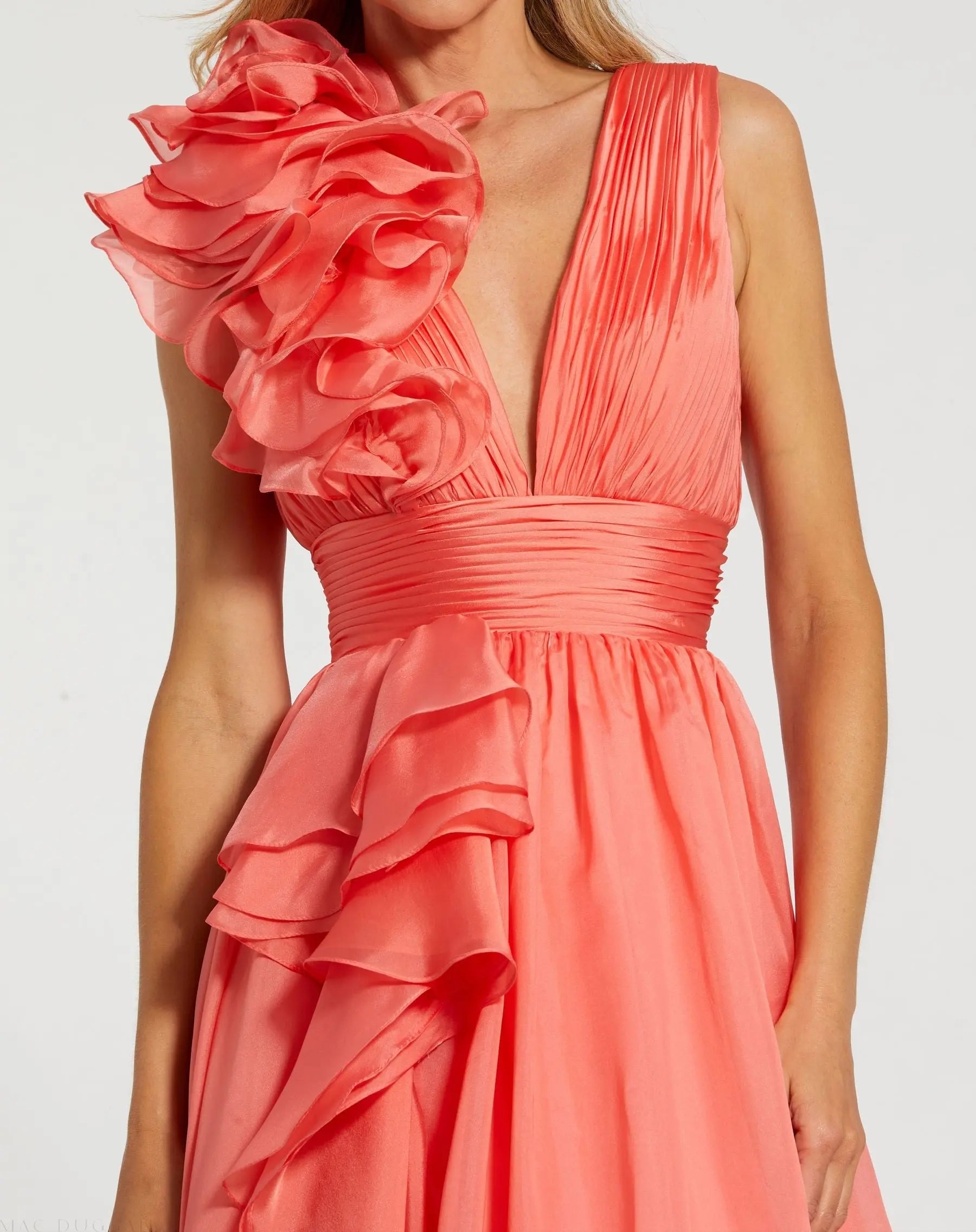 Cherry Margot Ruffle Shoulder Chiffon Gown