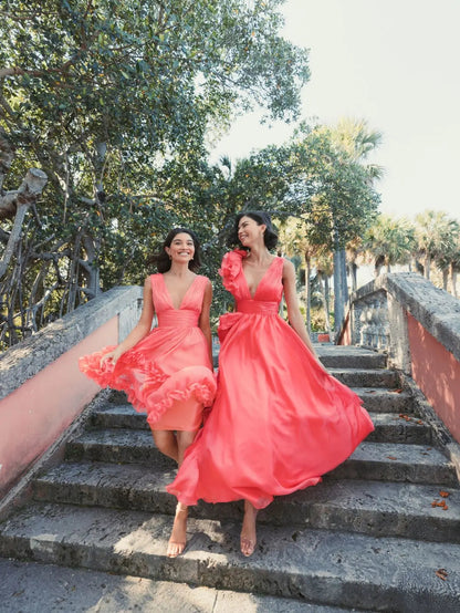 Pink Multi Margot Ruffle Shoulder Chiffon Gown