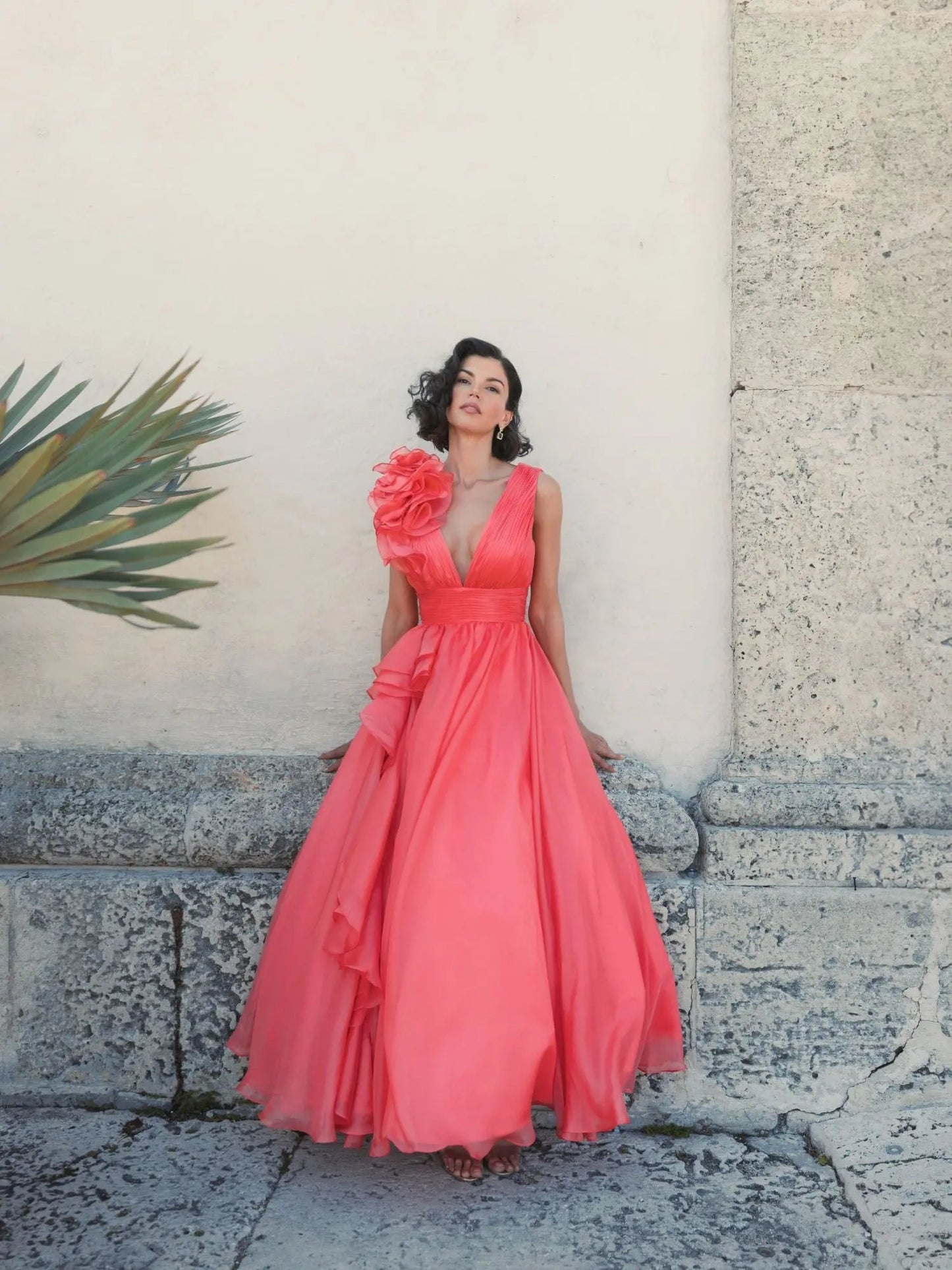 Mint Margot Ruffle Shoulder Chiffon Gown