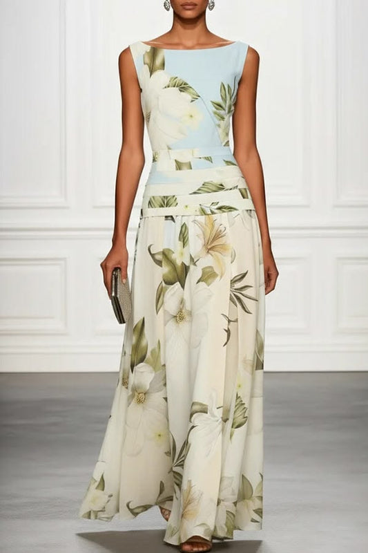 Classic Floral Print Boat Neck Ruched Waist Sleeveless A-Line Maxi Dress