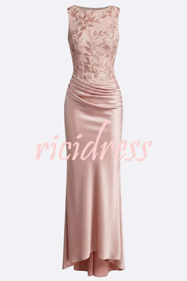 Pink Vera Mesh Embroidery Satin Ruched Crew Neck Sleeveless Gown Maxi Dress