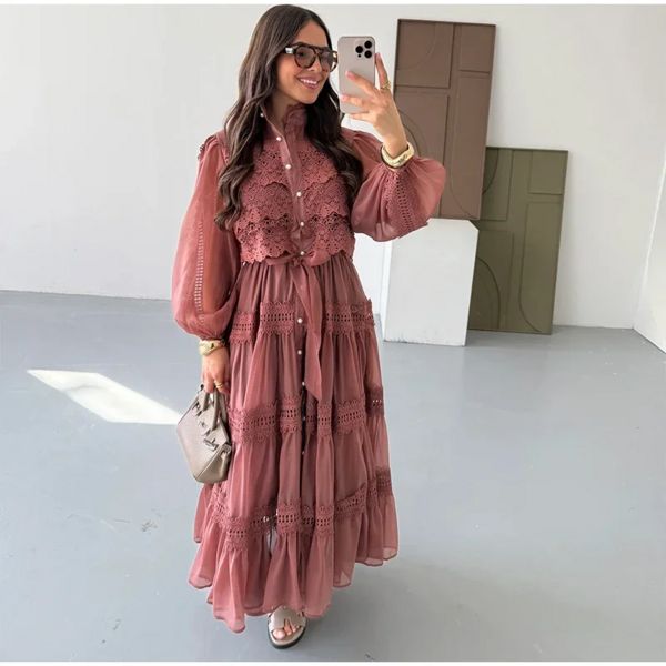 Elegant Hollow Out Embroidered Patchwork A-Line Maxi Dress