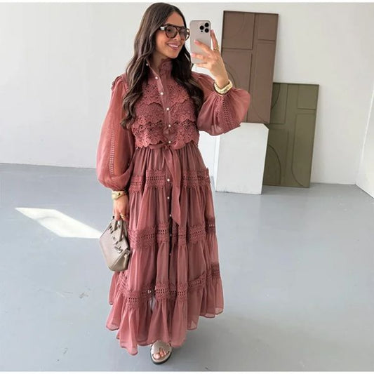 Elegant Hollow Out Embroidered Patchwork A-Line Maxi Dress