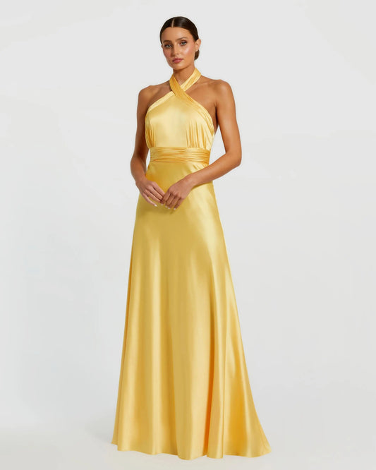 Sage Lucienne Halter Satin Gown in Sunshine