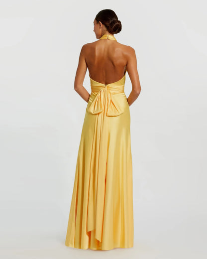 Sage Lucienne Halter Satin Gown in Sunshine