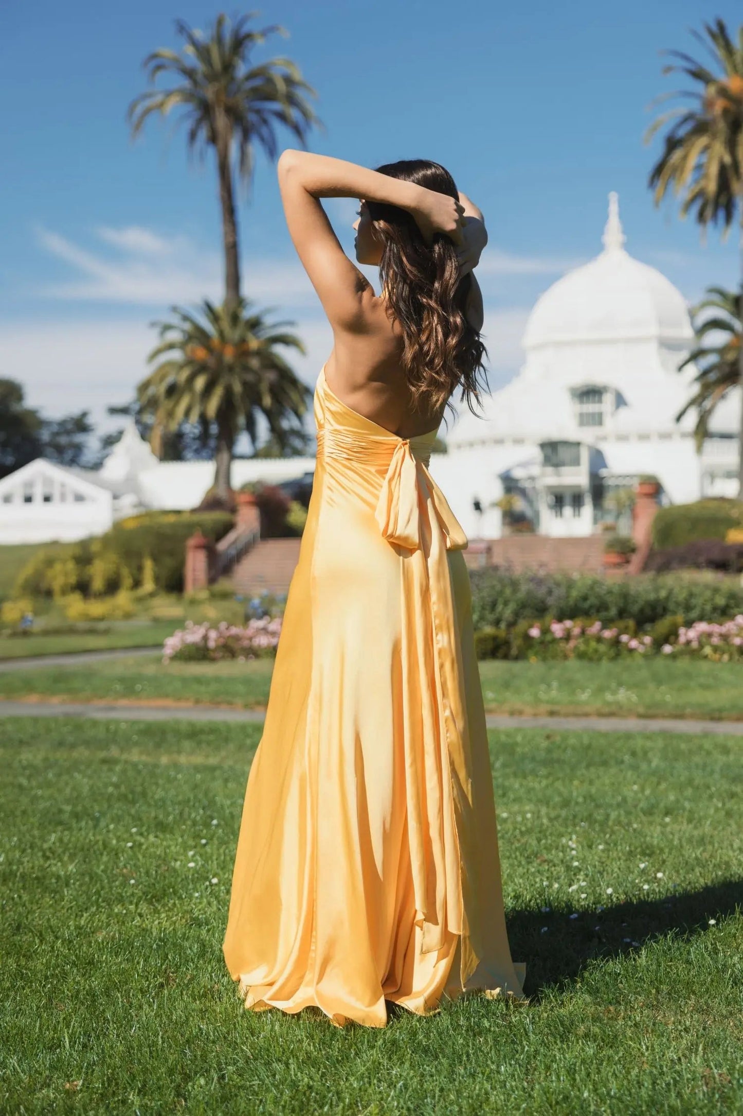 Sage Lucienne Halter Satin Gown in Sunshine