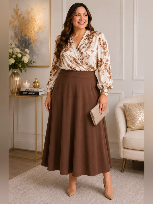 Susan Graver Skirts | Susan Graver Liquid Knit Pull-On Midi Skirt Plus 3x Toffee Brown Stretch - A2 | Color: Tan | Size: