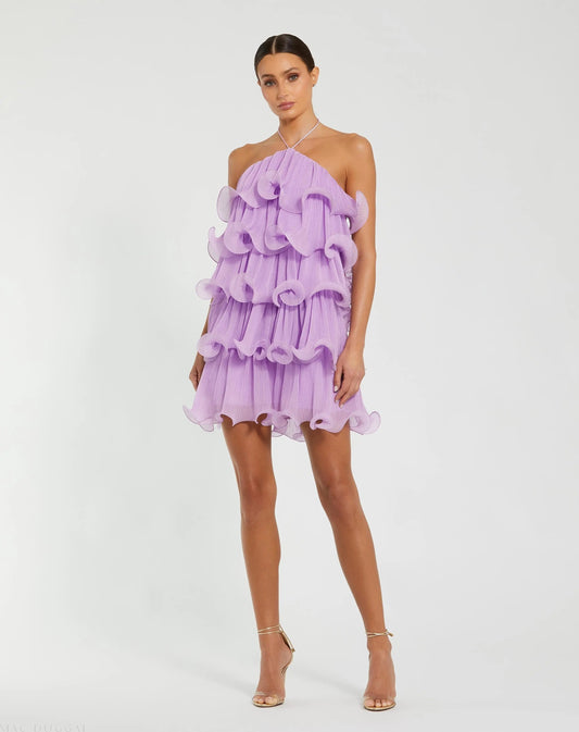 Lilac Violet Crinkle Chiffon Tiered Mini Dress